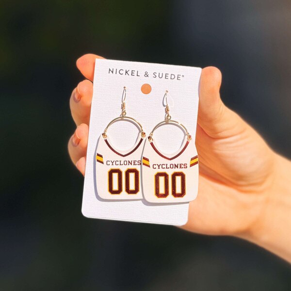 Cyclones White with Cardinal Football Jersey Gold Earrings